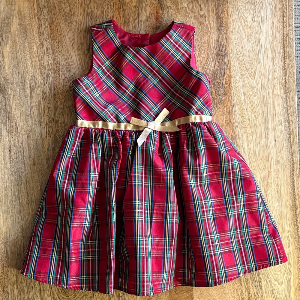 Plaid Toddler Girl Dress with Gold Bow detail